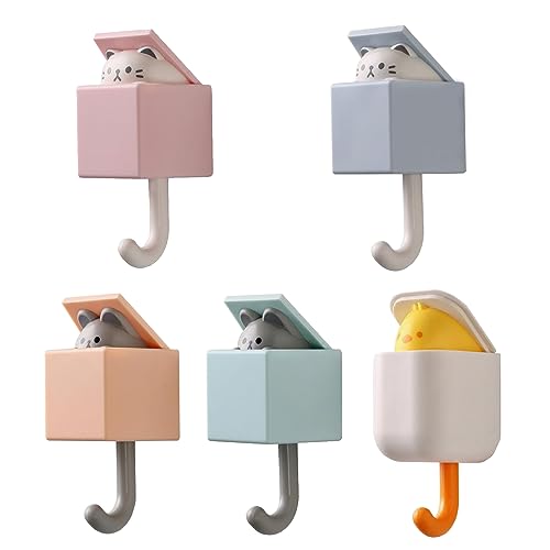 Qeosvve 5 Pack Cat Key Hook for Wall,Cute Room Decor Creative Adhesive Coat Hook,Wall Mounted Adhesive Hook Mouse Cat Hooks for Coat, Scarf, Hat, Towel, Key Holder for Wall Hanging Decor