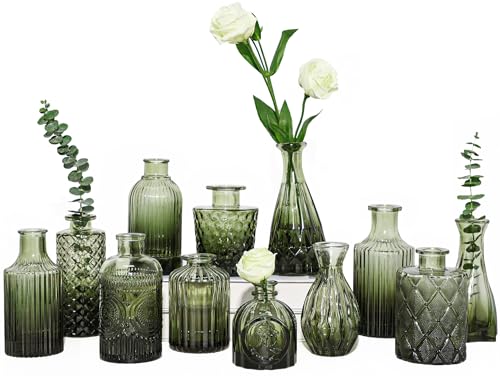 TBWIND 12pcs Glass Bud Vases Set, Small Vases for Flowers, Green Bud Vase for Centerpieces in Bulk, Mini Vintage Vase for Rustic Wedding Decorations, Office and Home Table Flower Décor-Green