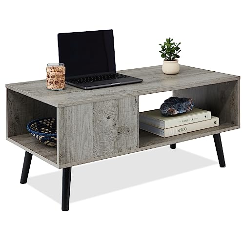 Best Choice Products Wooden Mid-Century Modern Coffee Table, Accent Furniture for Living Room, Indoor, Home Décor w/Open Storage Shelf, Wood Grain Finish - Gray