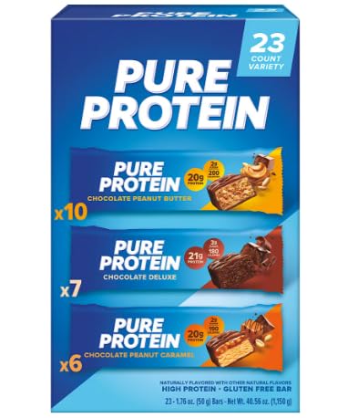 Pure Protein Bars Variety Pack 10 Chocolate Peanut Butter, 7 Chocolate Deluxe, 6 Chocolate Peanut Caramel(23 ct.)