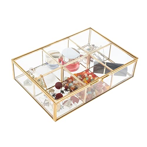 HighFree Golden Vintage Glass Box, Clear Keepsake Box Jewelry Organizer and Counter Top Collection Display Case, Decorative Clear Glass & Brass Box