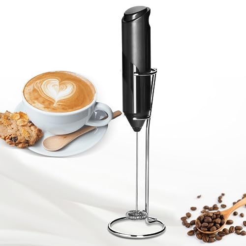 HealSmart Milk Frother Handheld, Battery Operated Whisk Maker with Stainless Steel Stand Hand Drink Mixer for Coffee, Lattes, Cappuccino, Matcha, Black