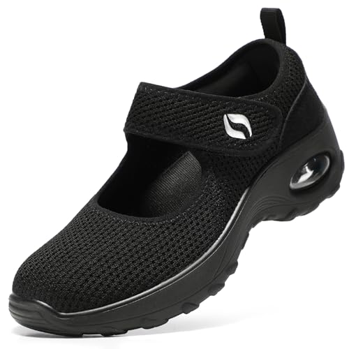 STQ Womens Walking Shoes Non Slip Orthopedic Shoes Orthotic Adjustable Mary Jane Shoes All Black, Size 9