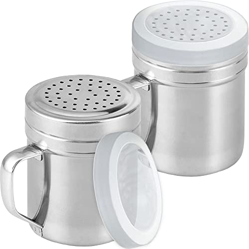CUSINIUM Metal Salt Pepper Dredge Shakers - With Handle - Seasonings Spice Shakers With Holes and Lids - 10 Ounce, 2pcs | Style: Medium