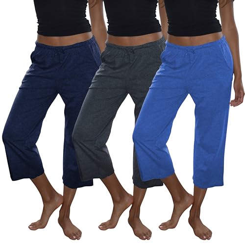 Sexy Basics Women's 3 Pack Cotton Lounge Pants | Sleep -Capri -Yoga Style Drawstring PJ Bottoms