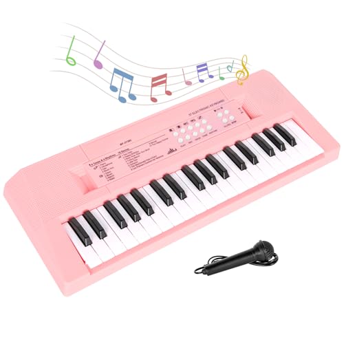 M SANMERSEN Piano Keyboard with Microphone, Portable Music Piano for Girls Electronic Keyboards Toy with 10 Demos/ 5 Drums / 4 Rhythms 37 Keys Musical Pianos Toys for Kids