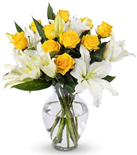 Benchmark Bouquets Yellow Roses and Lilies, Next Day Prime Delivery, Fresh Cut Flowers, Gift for Anniversary, Birthday, Congratulations, Get Well, Home Decor, Sympathy, Easter, Mother's Day