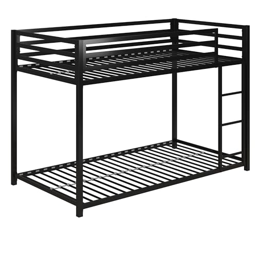 DHP Miles Low Metal Bunk Bed Frame for Kids, With Built-in Ladder, High Guardrail and Metal Slats, Floor Bed Bottom Bunk, No Boxspring Required, For Small Spaces, Twin-Over-Twin, Black