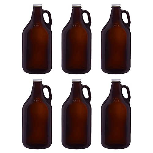 DISCOUNT PROMOS 6 Amber Glass Beer Growlers Set, 64 oz. - Screw on Lid, Sturdy, Barware - Amber