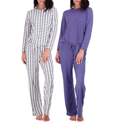 Real Essentials Women's Soft Winter Sleepwear Pajama Sets - Long Sleeve Tops and Pants, Silky Loungewear, Medium Pack of 2