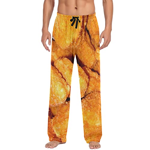 HURPAN Fried Chicken Nuggets Men's Drawstring Pajama Pant Straight-Fit Sleep Lounge PJ Bottoms with Pockets