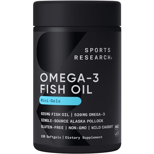 Sports Research Fish Oil Mini-Softgels - Easy to Swallow Omega-3 Fatty Acids from Wild Caught Alaska Pollock Supporting Brain & Heart Health - 625mg, 120 Capsules