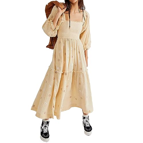 ABYOVRT Women Floral Embroidered Maxi Dress Long Puff Sleeve Square Neck Bohemian Flowy Dress with Pockets Smocked Fall Dress (Beige,S)