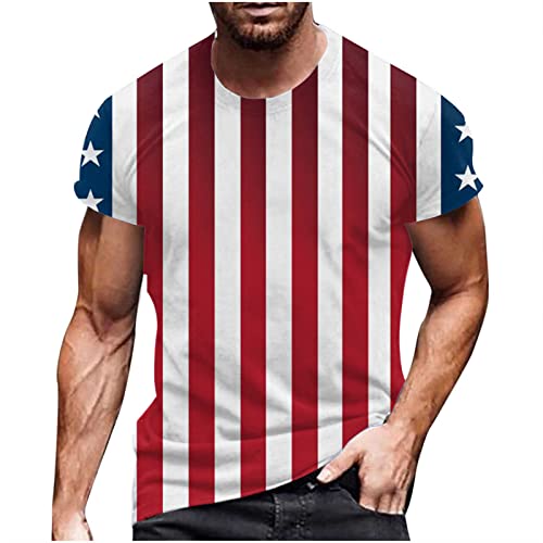 ZunFeo 4th of July Shirts Men American Flag Print Short Sleeve Tshirt Round Neck Summer Casual Top Slim Fit