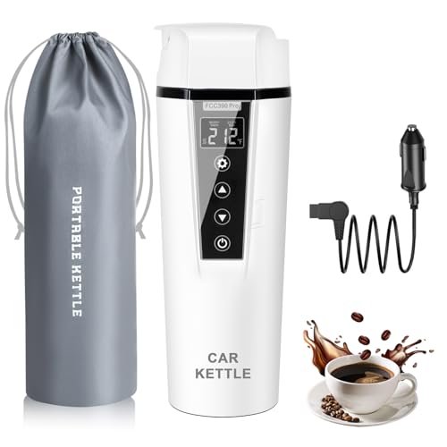 LINGYOKY Car Electric Kettle:12V/24V Portable Water Boiler Heated Travel Mug,Multiple Temperature Adjustable Coffee Tea Truck Cup with 304 Stainless Steel Dry Burn Protection & Handy Cup Bag