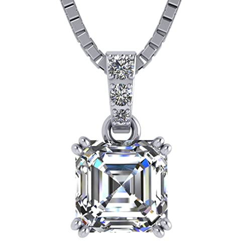 Asscher Cut CZ Simulated Diamond Solitaire Necklace Sterling Silver, 7mm (2.00ct) - Platinum Plated