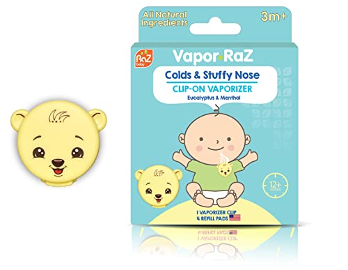 RaZbaby Vapor-Raz Clip-On Vaporizer - Cough & Cold Relief - Use at Home & On The Go - Al Natural Menthol & Eucalyptus Baby Oil Aromatherapy - 4 Vapor Pads Refills