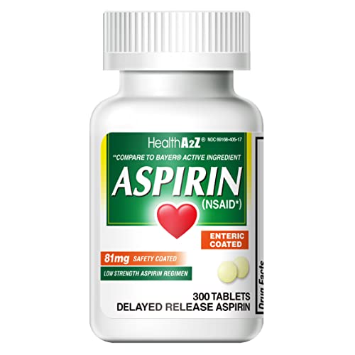 HealthA2Z Aspirin 81 mg | 300 Counts | Low Strength | Enteric Coated | Pain Relief | Reduces Minor Aches Muscle Pain & Cramps | Fever Reducer | Compared to Bayer Active Ingredient