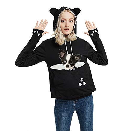 Womens Pet Carrier Sweater Dog Cat Pouch Hoodies Plus Size Tops Black 2XL