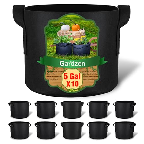 Gardzen 10-Pack 5 Gallon Grow Bags, 300G Thickened Aeration Fabric Pots with Handles, Heavy Duty Cloth Pots for Plants