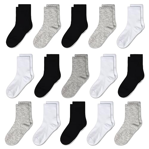 GENTABY Unisex Toddlers Kids Crew Socks-15 Pairs Soft Socks,Casual Athletic Dress Socks for Boys,Girls 7-10 Years