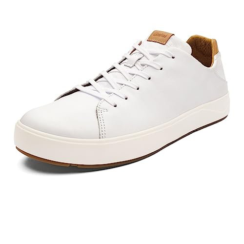 OLUKAI Lae'ahi Li 'ILI Men's Leather Sneakers, Supple Full-Grain Leather Shoes, Drop-in Heel & All Weather Rubber Soles, Bright White/Bright White, 10.5