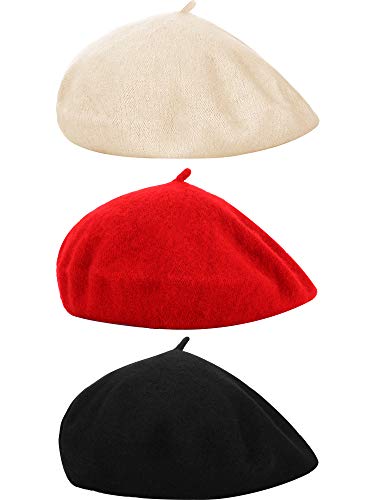 3 Pieces Beret Hat French Style Beanie Cap Solid Color Winter Hat for Women and Girls Casual Use (Black, Beige, Red)