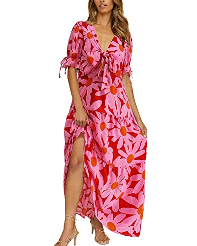 BTFBM Women Boho Floral Maxi Dress Flowy Casual V Neck Cutout Short Sleeve Wedding Guest Holiday Long Beach Dresses(Big Floral Red, X-Large)