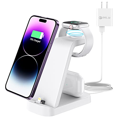 3 in 1 Charging Station for iPhone, Fast Charging Dock Stand Apple Watch Charger Ultra/Ultra2/9/8/7/6/SE/5/4/3/2, for iPhone 14/13/12/11/Pro/Max/XS/XR/X/8/7/6/5/Plus,AirPods 1/2/3/Pro/Pro2 (White)