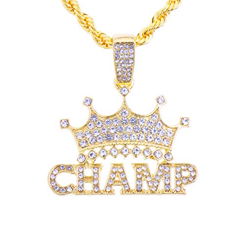 metaltree98 Hip Hop Fashion Iced Rapper King Crown CHAMP Bling Pendant 20' 14k Gold Plated Rope Chain HC 1292 G (20' Rope Chain)