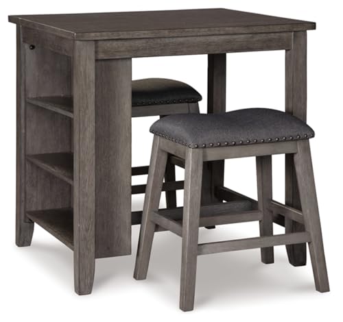 Signature Design by Ashley Caitbrook 25' Counter Height Dining Room Table Set with 2 Saddle Barstools & Storage, Gray