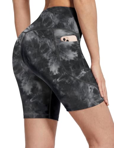 BALEAF Biker Shorts Women Yoga Gym Workout Spandex Running Volleyball Tummy Control Compression Shorts with Pockets Soft 7' Tie Dye Black XL