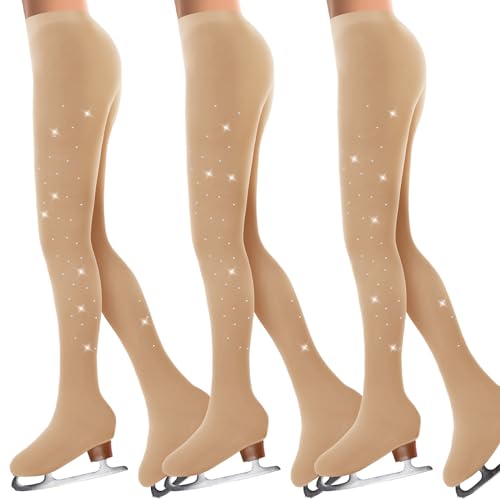 Ramede 3 Pcs Figure Skating Tights Rhinestones Ice Skate Tights Tan Crystal Figure for Girls Women Skating Ballet Dance Kids (Small)