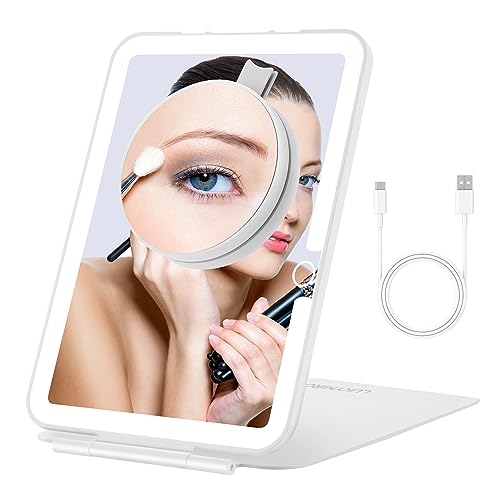 LUKYMIRO Rechargeable Travel Makeup Mirror with Lights, Portable Lighted Vanity Mirror with 10X Magnification, 70 LEDs 3 Color Lights, Touch Tabletop Folding Compact Cosmetic Mirror White
