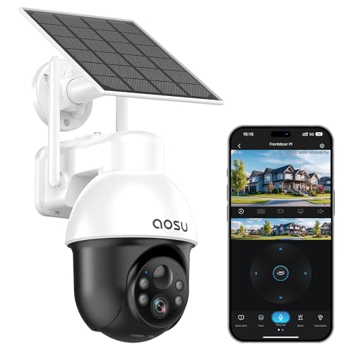 AOSU Solar Security Camera Wireless Outdoor System, 3K/5MP Battery Powered WiFi Camera for Home Security, Panoramic PTZ, Auto Tracking, Human/Vehicle Detection, Night Vision, Spotlights, 2-Way Talk