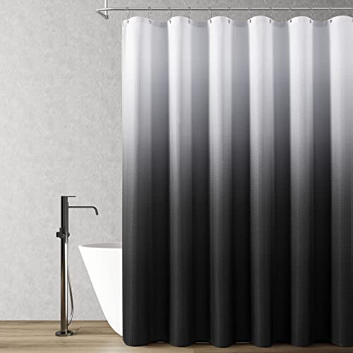 Black Shower Curtain Black and White Ombre Bath Shower Curtains for Bathroom, Textured Fabric Shower Curtain Liner with 12 Hooks, Water Repellent, Machine Washable, 72 x 72 inch, Black