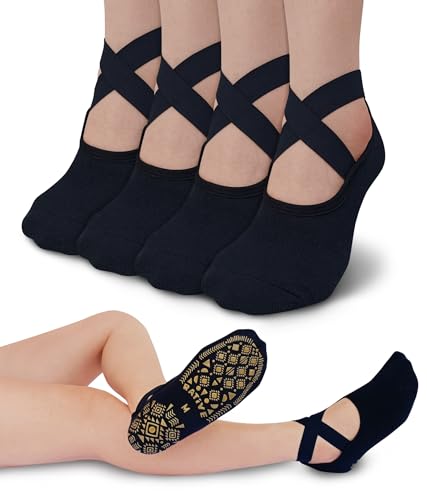 RATIVE X-Cross Anti Slip Non Skid Barre Yoga Pilates Hospital Socks with grips for Adults Men Women (Medium, 4-pairs/Black)