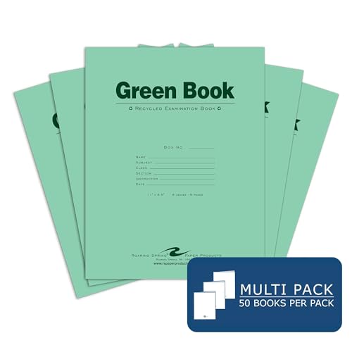 ROARING SPRING Recycled Test Green Exam Book, 50 Pack, Wide Ruled with Margin, 11' x 8.5' 8 Sheets/16 Pages, Green Cover