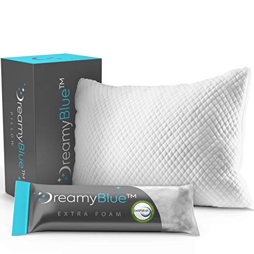 DreamyBlue Premium Pillow for Sleeping - Shredded Memory Foam Fill [Adjustable Loft] Washable Cover from Bamboo Derived Rayon - for Side, Back, Stomach Sleepers - CertiPUR-US Certified (Queen)