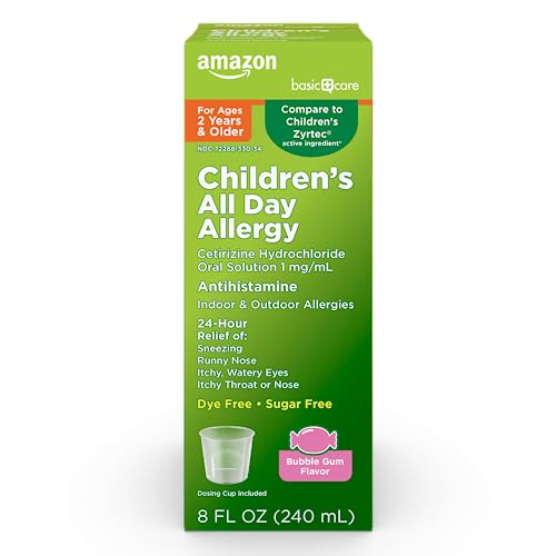 Amazon Basic Care Children's All Day Allergy Relief Medicine, Cetirizine Hydrochloride Oral Solution 1 mg/mL, BubbleGum Flavor, Dye Free, Sugar Free, 8 fl oz (Pack of 1)