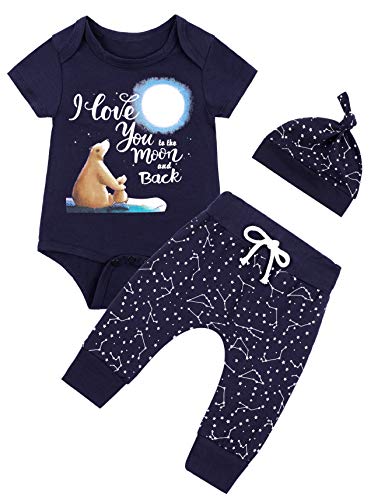 Baby Boys 3PCS Space Outfit Newborn Bear Clothes Love You To The Moon and Back Starry Sky Short Sleeve Pant Set (Blue07 0-3 Months)