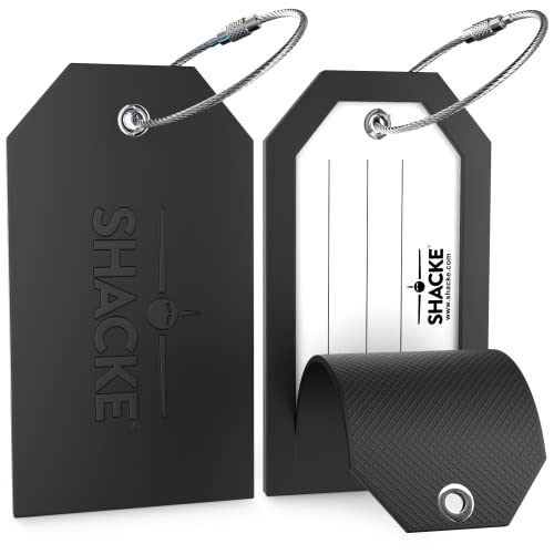 Shacke Large Luggage Tags (2pcs) with Privacy Cover and Steel Loops (Black)