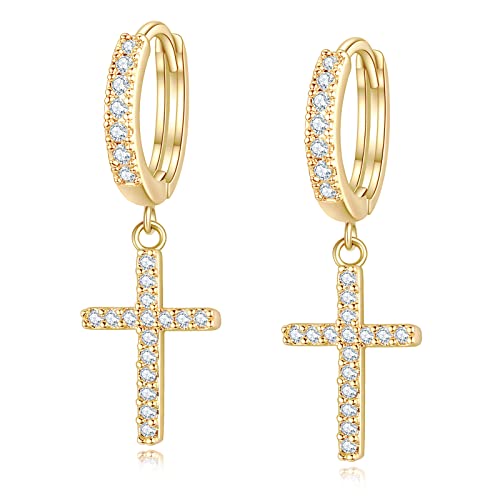 14K Gold Plated Cross Dangle Drop Earrings for Women Girls CZ Diamond Cross Huggie Hoop Earrings Dangling Gold Cross Earrings for Men Hypoallergenic