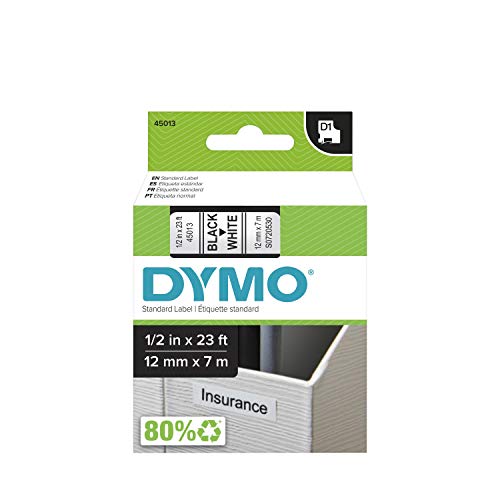 DYMO Standard D1 Labeling Tape for LabelManager Label Makers, Black Print on White Tape, 1/2'' W x 23' L, 1 Cartridge (45013)