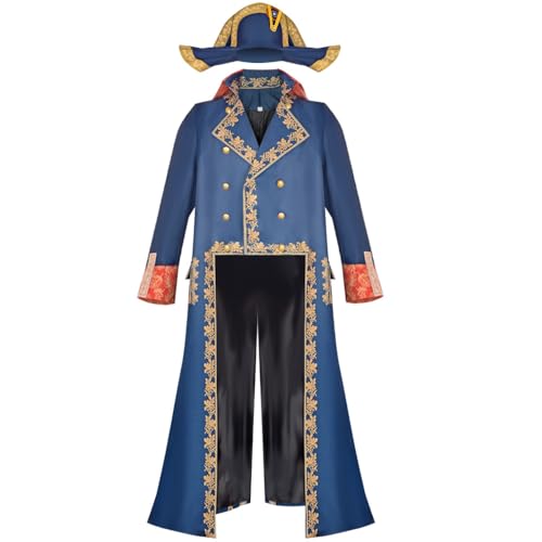 Evlcos Adult Napoleon Costume Historical Colonial Jacket Uniform Coat with Hat (Blue,XL)