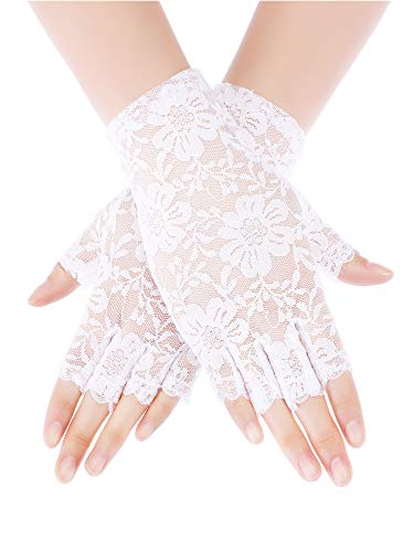 Skylety Sunblock Fingerless Bridal Lace Gloves Women Short Floral Gloves for Wedding Opera Tea Party(White)