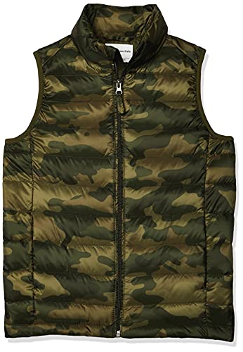 Amazon Essentials Boys' Lightweight Water-Resistant Packable Puffer Vest, Green Camo, Small