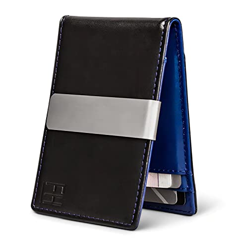 Forrest & Harold F&H Minimalist Men's Wallet RFID Blocking Wallet, Slim Leather Wallet Money Metal Clip Holds 8 Cards, Back and Front Pocket Wallets, Smooth Black/Blue