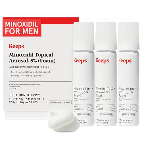 Keeps Extra Strength Minoxidil for Men Topical Aerosol Foam 5%, Hair Growth Treatment - 3 Month Supply (3 x 2.11oz Bottles) - Thicker, Longer Hair - Slows Hair Loss & Promotes Hair Regrowth