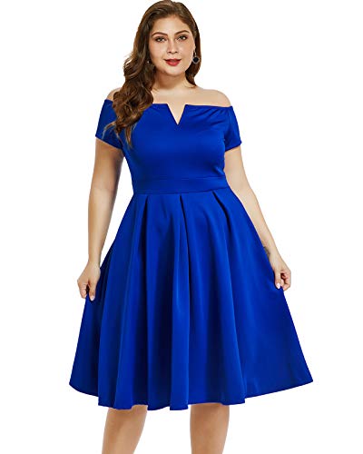 LALAGEN Women's Plus Size Vintage 1950s Party Cocktail Wedding Swing Midi Dress Blue XL